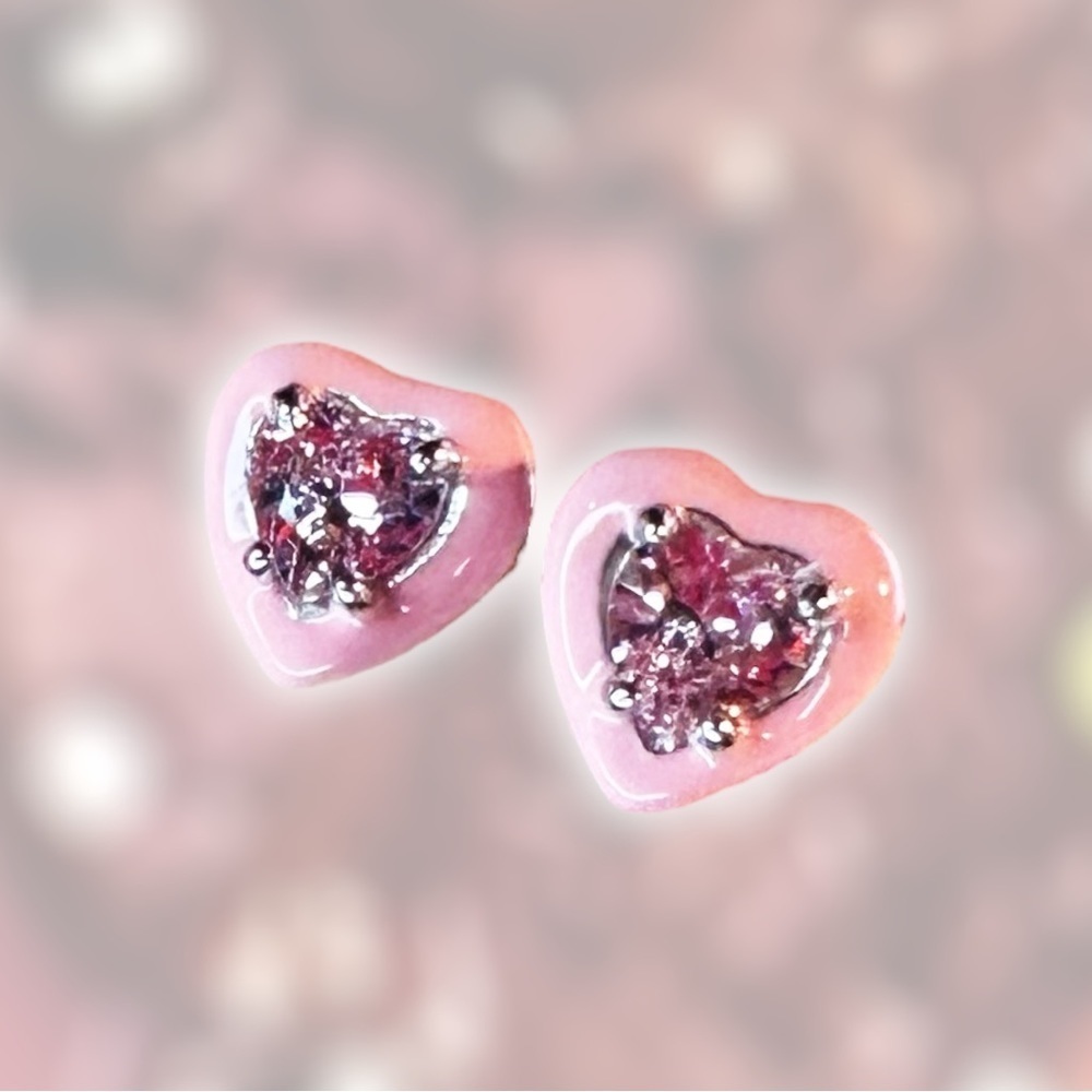 NEW Pink Enamel Framed Pink CZ Heart Cut White Gold-Plated 925 Sterling Earrings